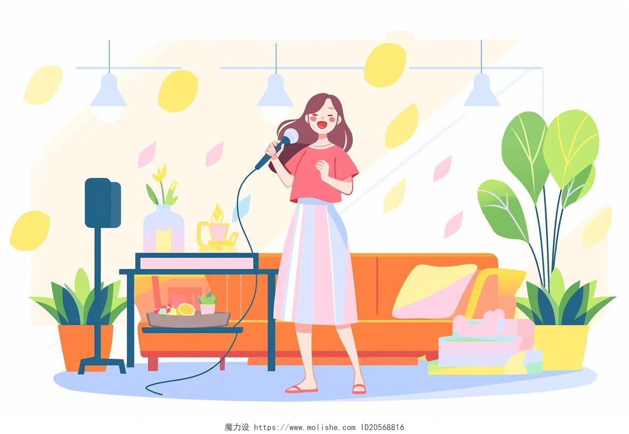 一个女孩拿着麦克风唱歌站在客厅的沙发前卡通AI元素